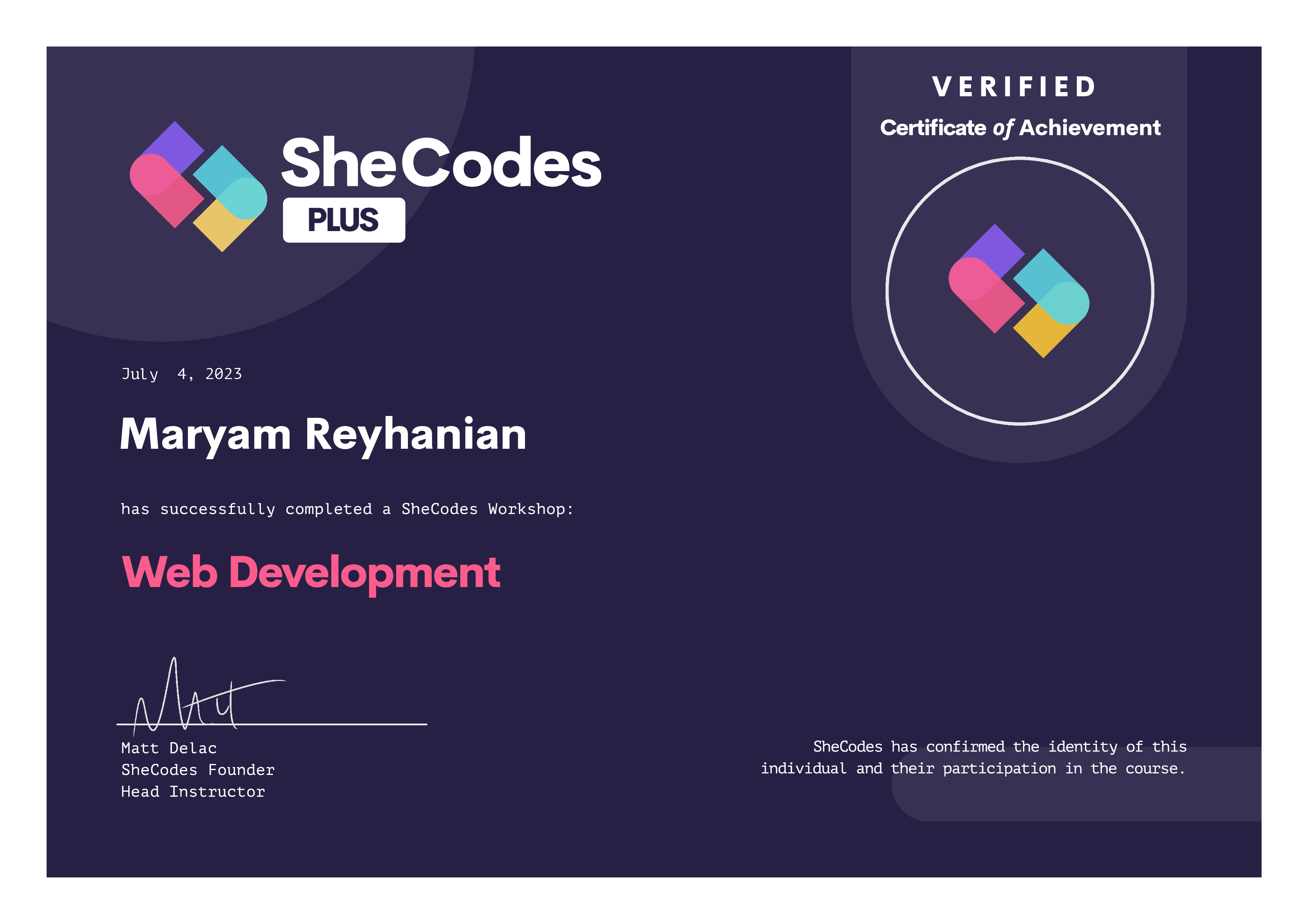 certificate shecodes plus