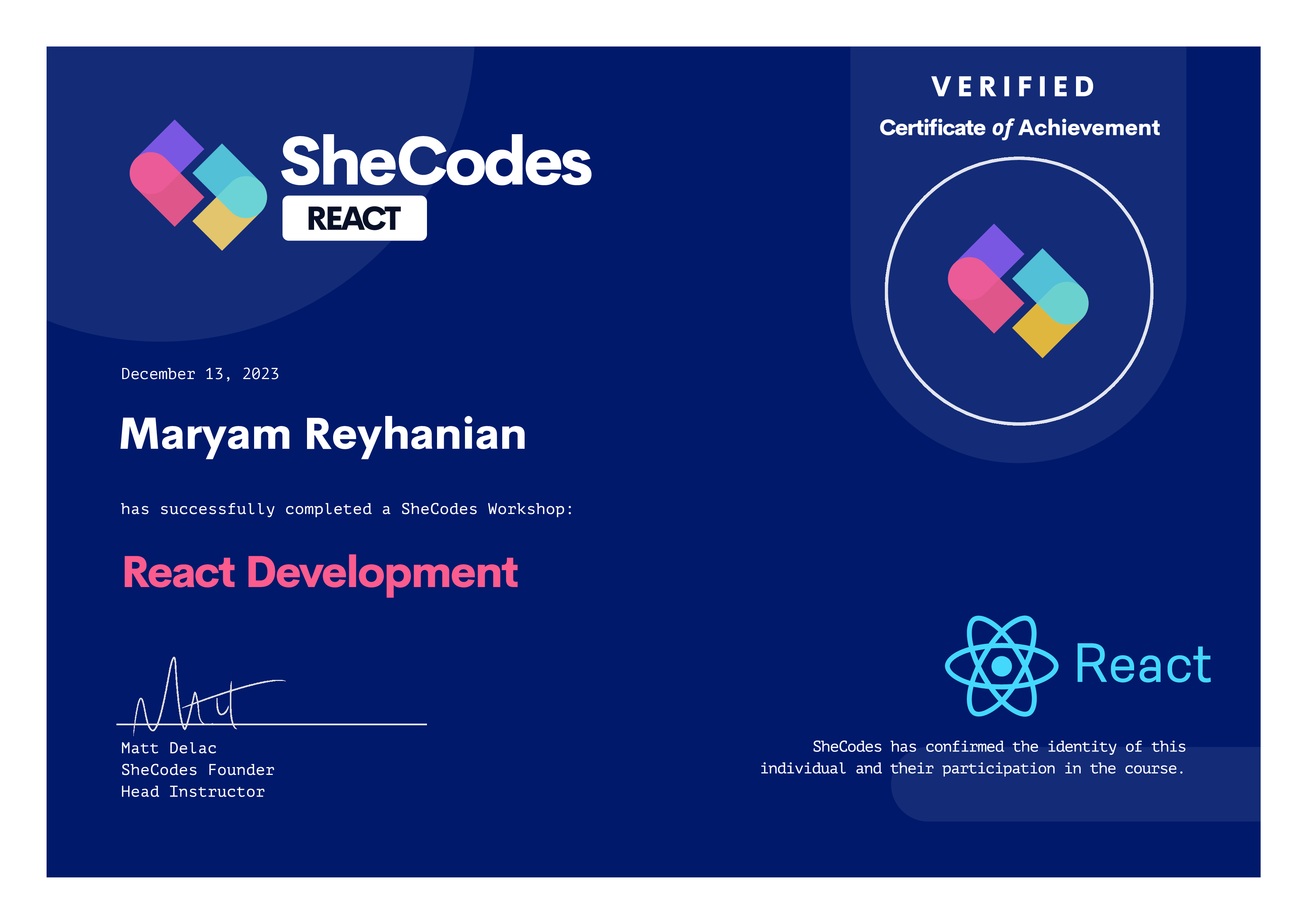 certificate shecodes plus